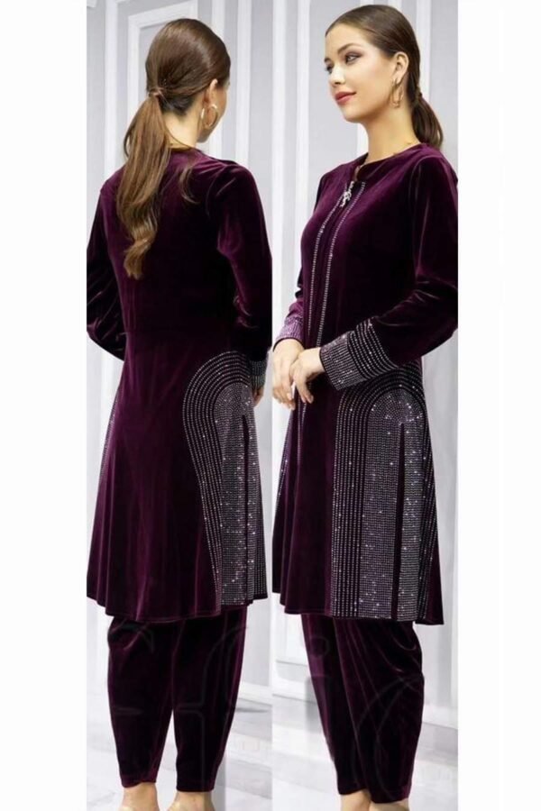 Attractive Stone Work Design Velvet Co-Ord Suit। কোরিয়ান ভেলভেট ফেব্রিক্স - Image 6
