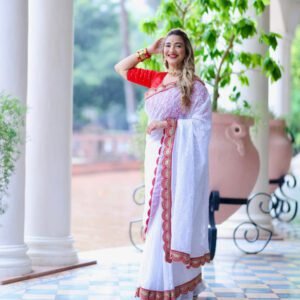 Saree Info Saree Fabric : Soft Georgette Saree Work : All-Over Thread Chickenkari Style Jaal Embroidery Blouse Fabric : Contras Red Raw Silk Blouse Work : Heavy Sequence Embroidery Work